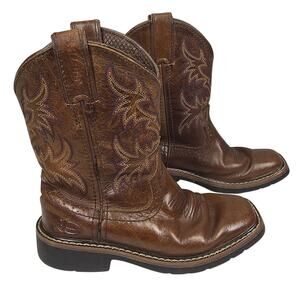 JUSTIN KIDS BROWN LEATHER WESTERN CATTLEMAN JR. BOOTS – SIZE 12 – FLAME STITCH